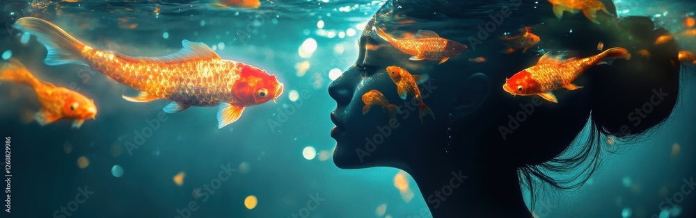 Aufkleber conceptual visualization of a woman interacting with goldfish underwater in a serene environment at 