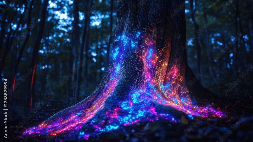 Poster glowing tree in a mystical forest illuminated by vibrant colors at dusk