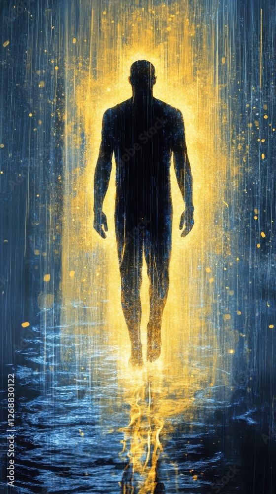 Poster man glowing with radiant light walking through a shimmering water surface at dusk