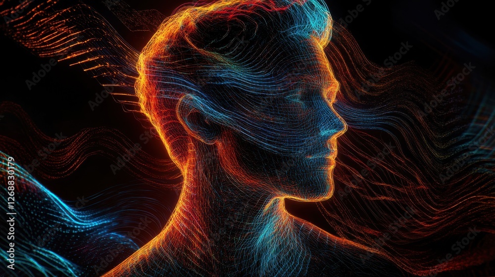 Fototapete man glowing with abstract light patterns represents creativity and innovation in a dark environment