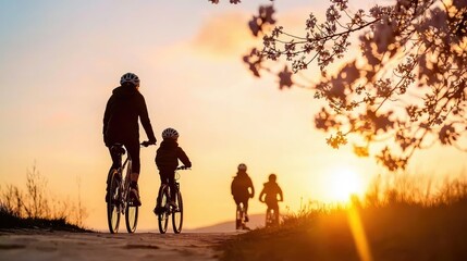 Family Cycling at Sunset A Silhouette of Joy and Adventure