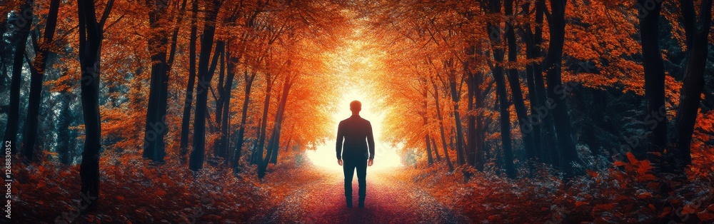 Aufkleber mystical encounter with glowing figure in enchanting autumn forest at twilight