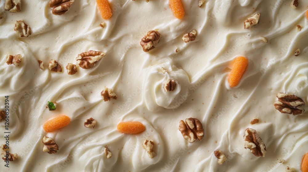 Poster Creamy carrot cake topped with nuts and decorative candy on a smooth frosting surface