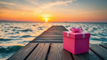 Naklejka premium Pink gift box on wooden dock at sunset with gentle waves, festive, pink gift box, gift