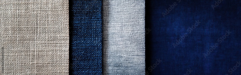Poster bold combination of navy blue and silver fabric swatches showcasing texture and color diversity in t