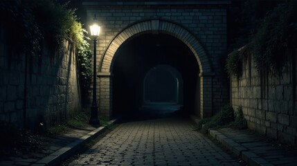 Obraz premium A solitary lamp illuminates a mysterious cobblestone path leading through a series of dark arched brick passageways at night