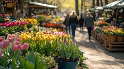 Fototapeta premium Charming spring flower market filled with vibrant blooms and visitors enjoying the seasonal atmosphere