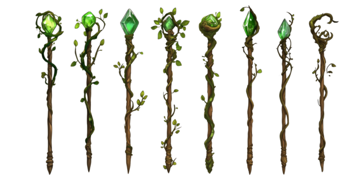 Enchanting wood staffs with green crystals and vines. Isolated on transparent background. Generative AI - Powered by Adobe