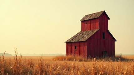 Rustic Red Barn Stands Tall in a Golden Wheat Field at Sunset, a Serene Rural Landscape