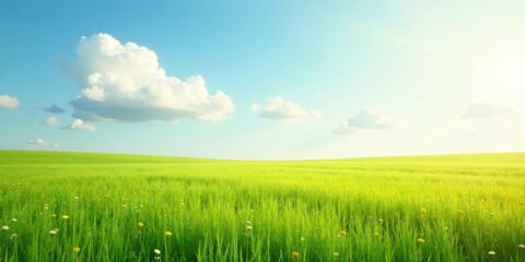 Obraz premium Serene Meadow Landscape Expansive Green Field Under a Bright Blue Sky with Fluffy White Clouds and Scattered Wildflowers