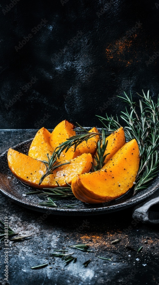 Poster close-up of roasted squash with rosemary served on a rustic plate against dark background