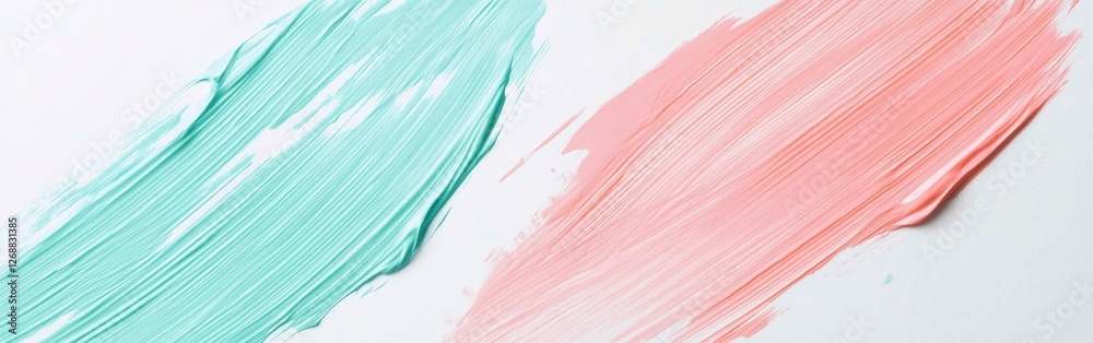 Poster Stylish asymmetrical pencil strokes in soft mint and coral colors on a minimalist white background create an artistic clash of shades