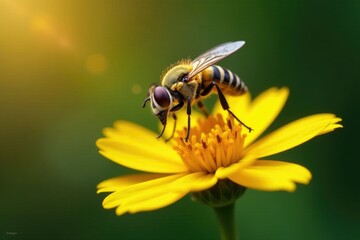 Pollen-covered fly hovering above a yellow flower, insects, hover, fly