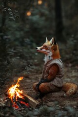 Fox sits near a bonfire at night.
