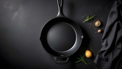 Empty cast iron frying pan on dark culinary background, view from above. Food background