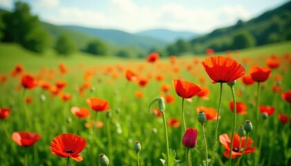 Poppy field in a lush green meadow with wildflowers, poppy, flowers