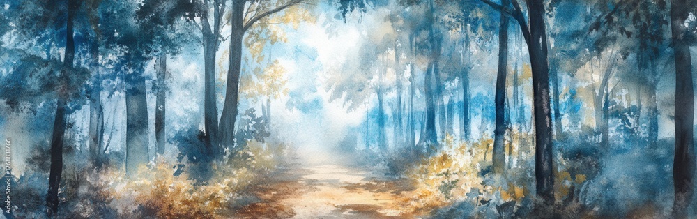 Poster beautiful watercolor landscape depicting a serene forest path illuminated by soft sunlight during a 