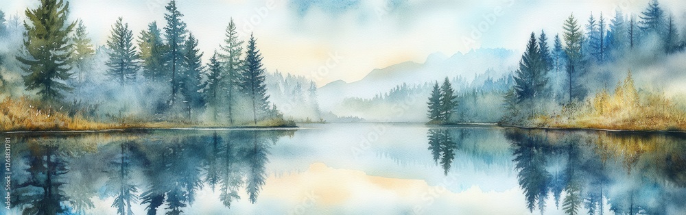 Poster tranquil morning mist over a serene lake surrounded by tall trees and mountains reflecting on calm w