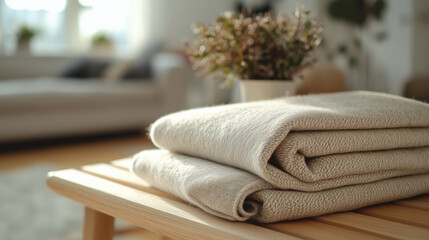 Soft blankets neatly folded on a wooden table with a small plant in a bright, cozy living room during the afternoon. Generative AI