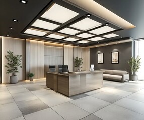 The modern interior design of the executive office features a rectangular ceiling with square black tiles and white lighting. The reception desk is made of light-colored wood. modern bathroom interior