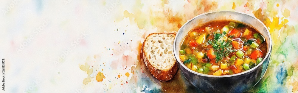 Aufkleber close-up view of a colorful vegetable soup with fresh herbs and crusty bread on a vibrant watercolor