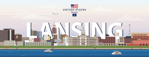 Lansing city skyline colorful vector illustration. Travel poster