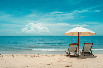 Two sun loungers under an umbrella on the beach. Generative AI