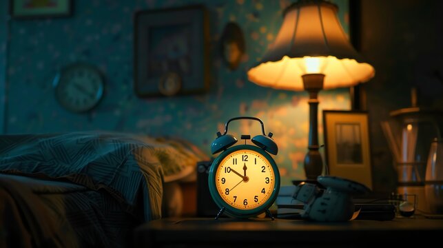 A beautiful bedside table with a lamp, clock, and books on it. The warm light from the lamp casts a cozy glow over the scene.