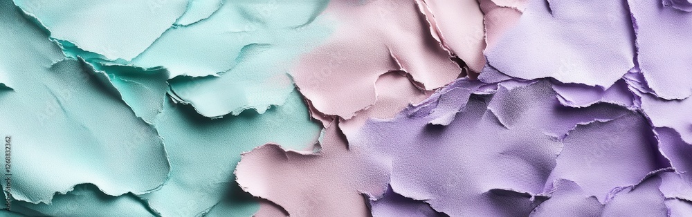 Poster soft watercolor background of torn paper layers in pastel shades of teal and lavender creating a tex