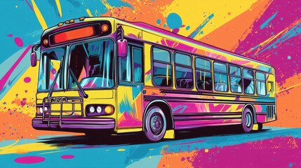 Obraz premium Vibrant City Bus Pop Art, Urban Setting, Graphic Illustration, Colorful Background, Dynamic Perspective, Urban Culture