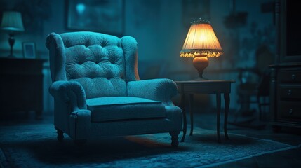 Nighttime armchair, lamplit room, cozy interior, suspenseful mood, film scene