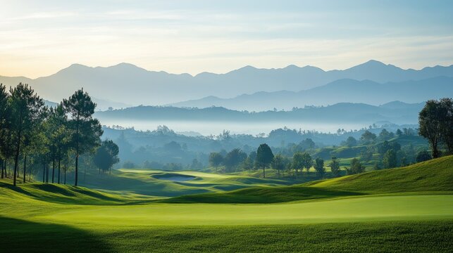 Serene Golf Course Landscape With Misty Mountains