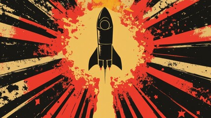 Rocket Launch in Pop Art Style, Vibrant Flames and Starburst, Graphic Design, Modern Environment, Bold Visual Concept