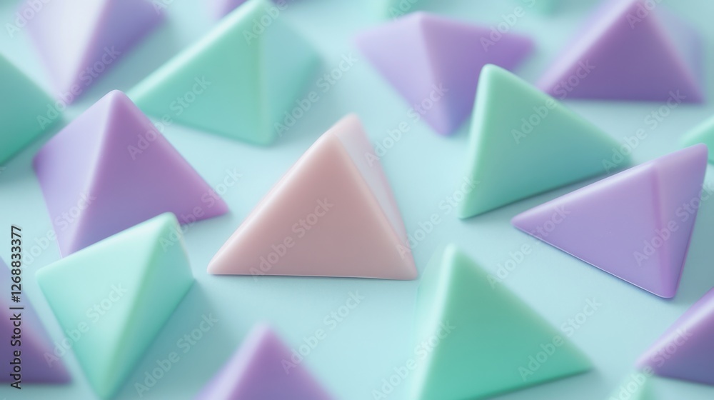 Poster pastel mint and lavender triangles arranged artistically on a smooth surface in a playful, minimalis