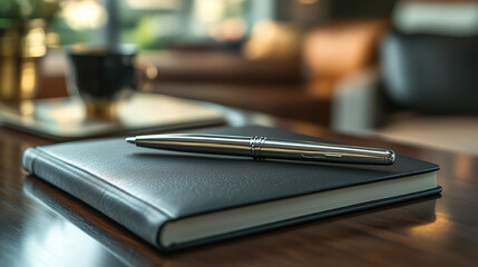 Elegant black notebook and silver pen resting on a polished wooden table in a cozy, sunlit lounge during a quiet afternoon. Generative AI