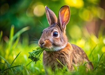 Brown Rabbit Grazing on Lush Green Grass - Documentary Style Stock Photo