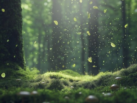 A dense moss-covered forest floor with tiny fungi releasing spores into the air. - Powered by Adobe