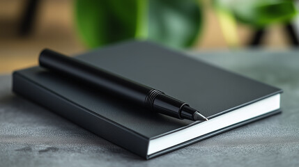 Black notebook with a pen resting on a concrete surface surrounded by greenery in a softly lit indoor setting during the day. Generative AI