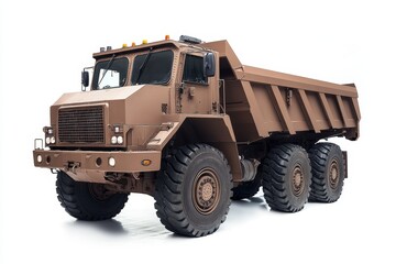 Brown military dump truck studio shot, isolated background, construction