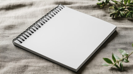 Blank sketchbook rests on a textured fabric surface surrounded by green foliage during bright daylight. Generative AI