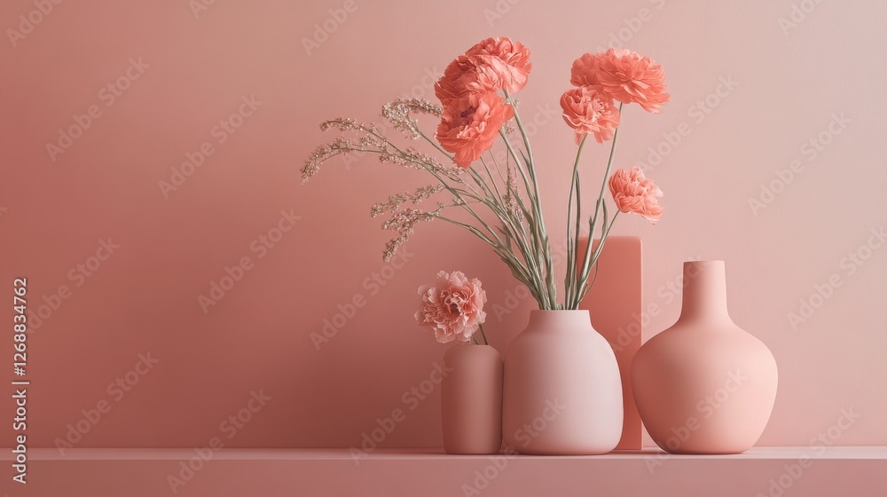Poster elegant coral design featuring vases and flowers against a soft coral background in a modern interio