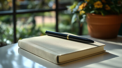 Writing in a cozy corner with a pen resting on a beige notebook surrounded by sunlight and greenery from the window. Generative AI