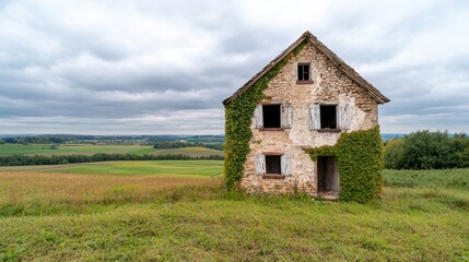 Obraz premium Abandoned House in Countryside Concept, Crumbling Rural Stone House Surrounded by Creeping Vines in a Scenic Landscape