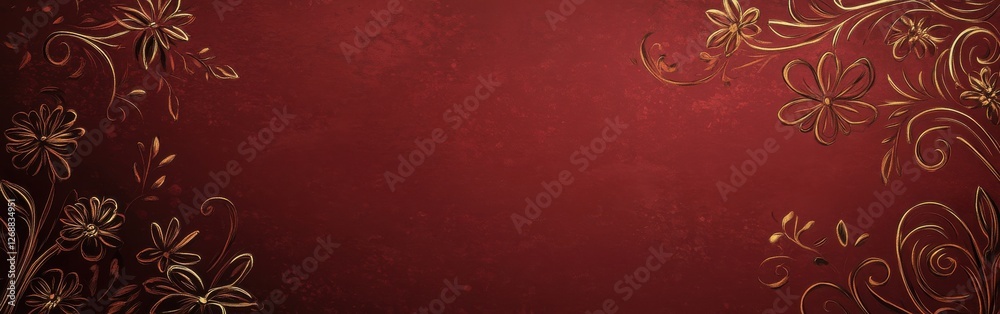 Poster Elegant bronze floral patterns gracefully adorn a deep red background creating a stunning decorative design