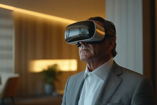 An older man in a suit uses a VR headset in a modern, well-lit room.