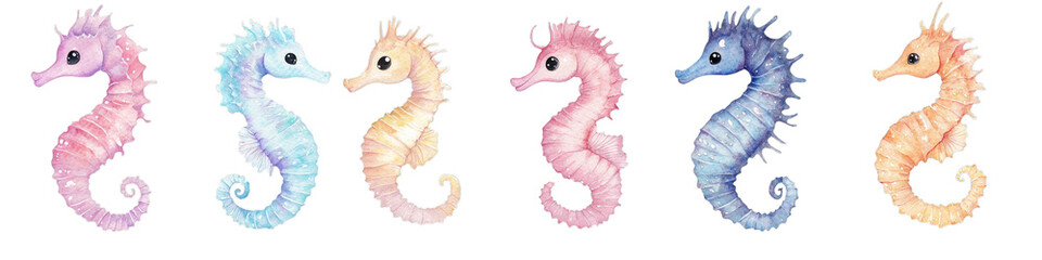 Colorful Watercolor Seahorses Display Rainbow