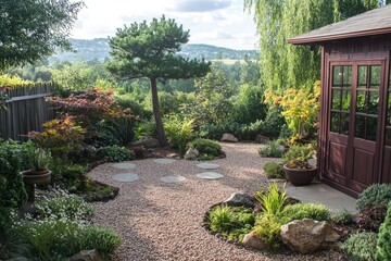Serene Garden Landscape with Japanese-Style Stepping Stones and Wooden Shed
