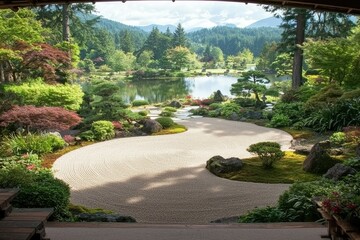 Serene Japanese Garden Landscape with Winding Gravel Path and Pond Reflection