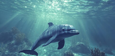 Obraz premium A solitary dolphin swims gracefully in the ocean under sunlight
