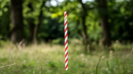 Red striped straw in a green park